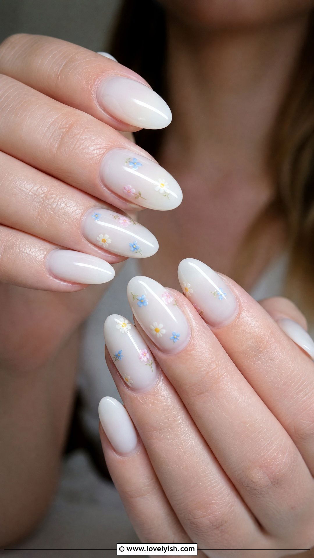 Milky White Floral Nails - 50 mothers day nail designs - 50 mothers day nail designs