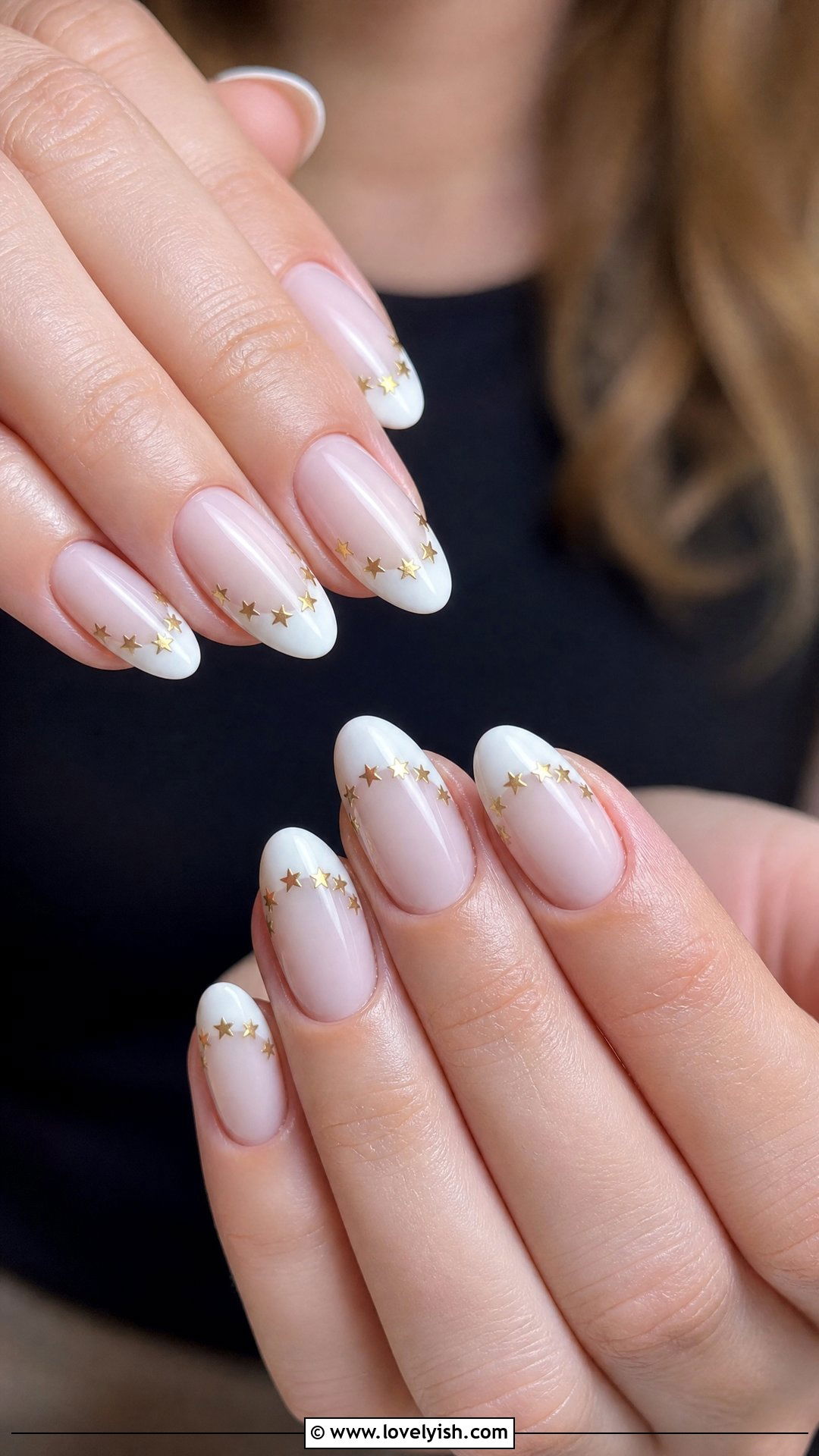 Milky White French Tip With Gold Stars - 50 star nails - 50 star nails