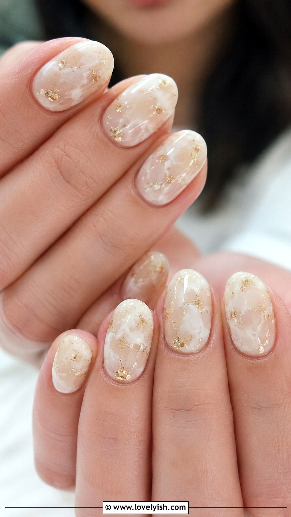 Milky White Marble Nails With Gold Flecks - 38 marble nail designs - 38 marble nail designs