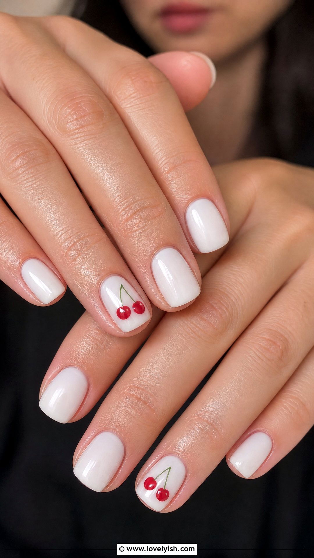 Milky White Nails With Cherry Accents - 50 cherry nails - 50 cherry nails