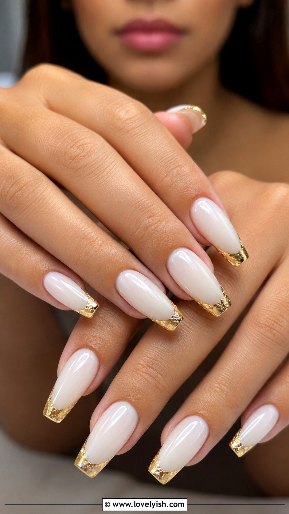Milky White Nails With Gold Foil Tips - 50 neutral nails - 50 neutral nails
