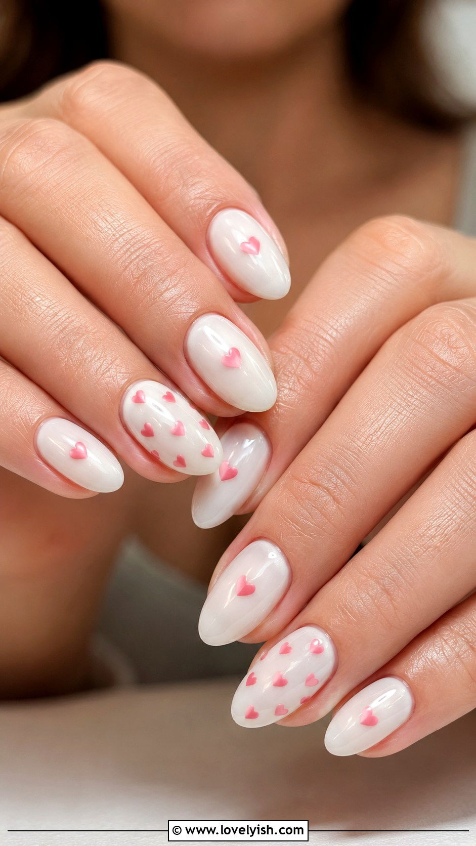 Milky White Nails with Pink Hearts - 50 baby shower nails - 50 baby shower nails