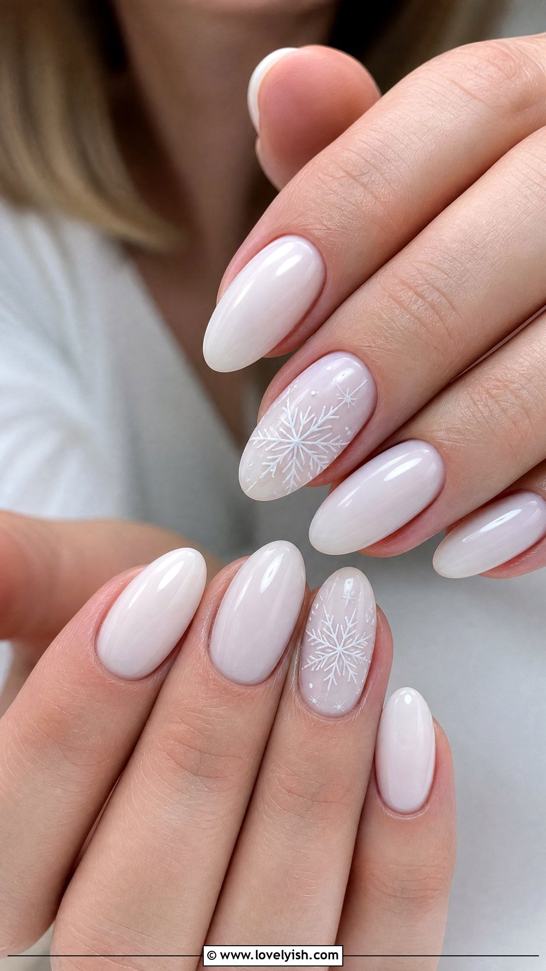 Milky White Snowflake Nails - 25 christmas nail designs - 25 christmas nail designs