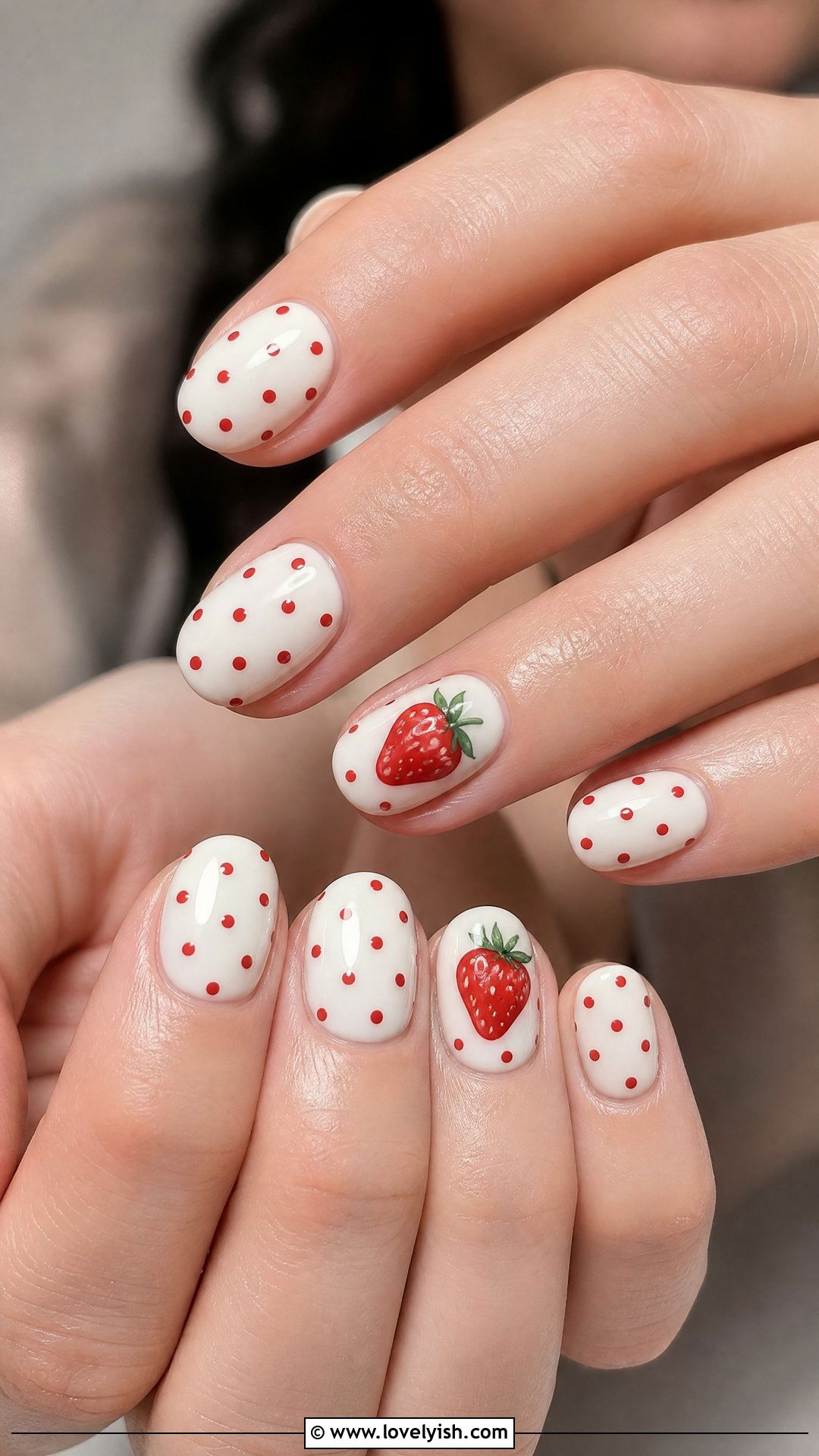 Milky White Strawberry Polka Dot Nails - 50 strawberry nails - 50 strawberry nails