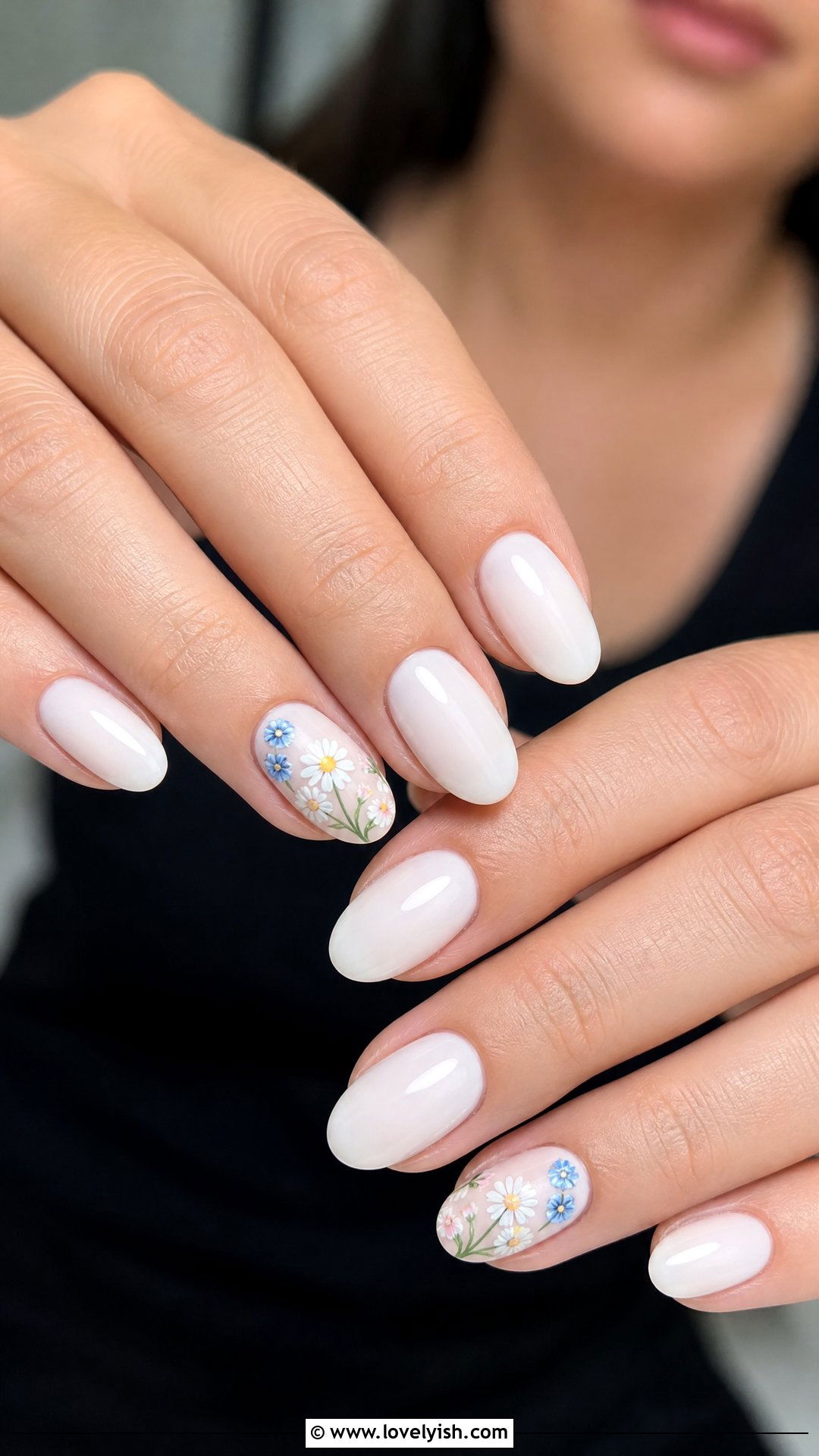 Milky White With Floral Accent Nails - 50 elegant nails - 50 elegant nails