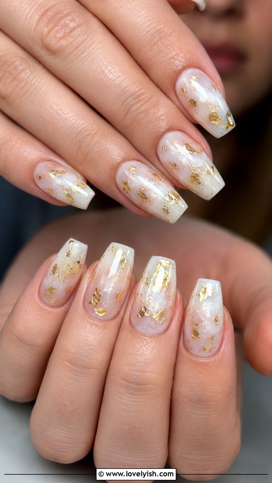 Milky White With Gold Foil Nails - 50 luxury nails - 50 luxury nails