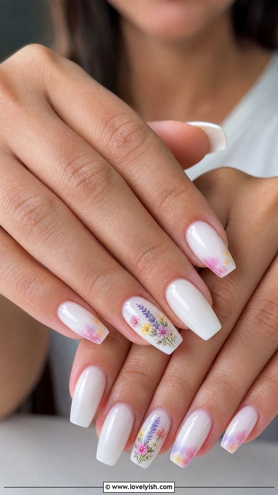 Milky White with Floral Accent Nails - 50 cute spring nail designs - 50 cute spring nail designs