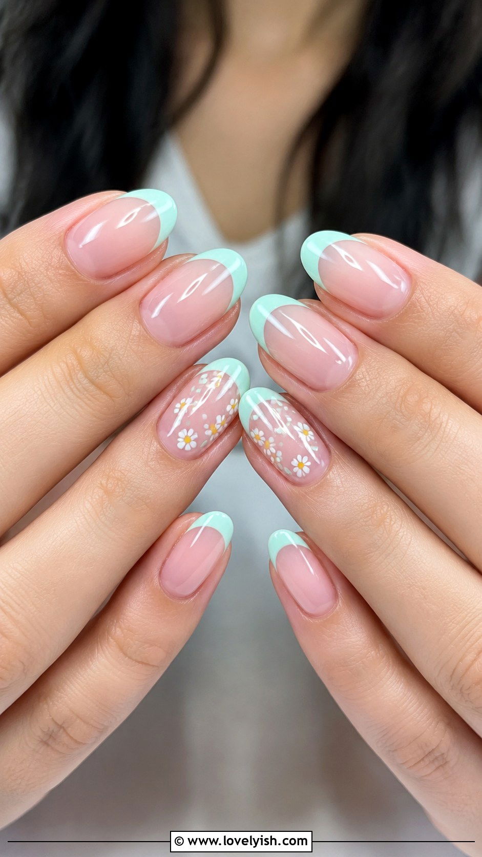 Mint French Tip With Daisies - 25 easter nails design ideas - 25 easter nails design ideas