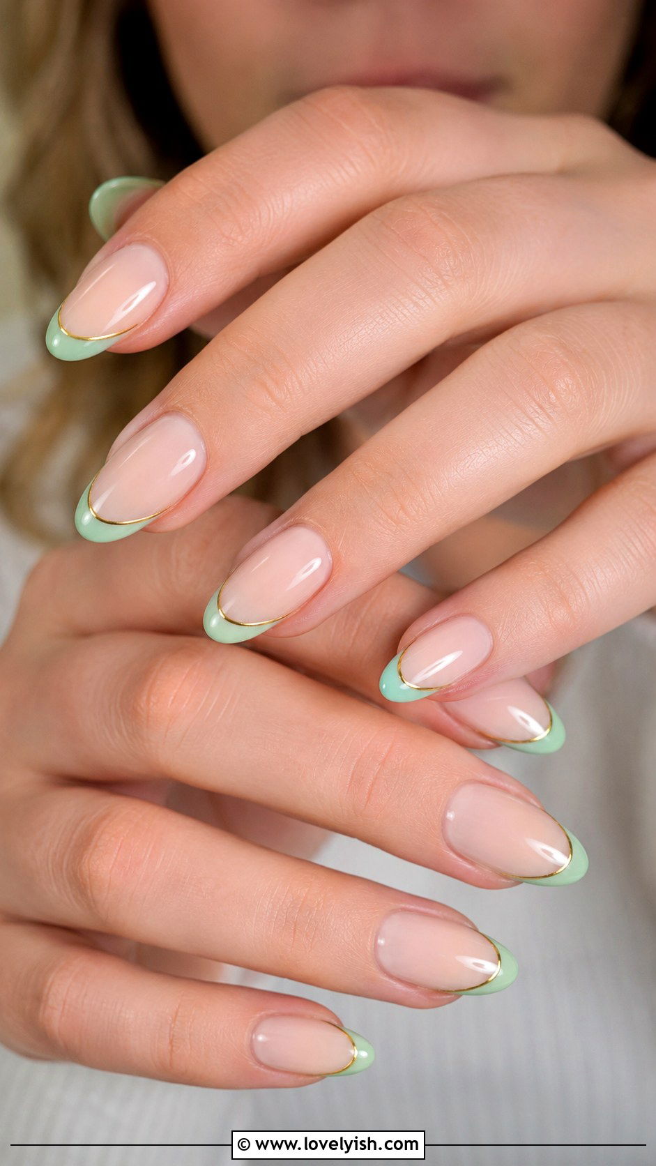 Mint French Tip With Gold Lines - 33 spring nail design ideas - 33 spring nail design ideas