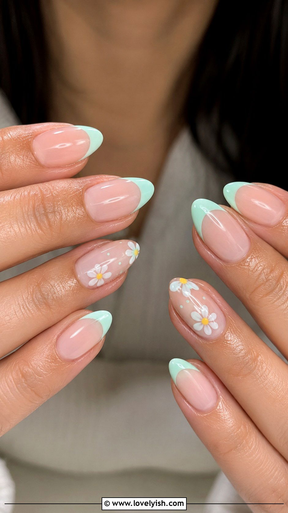 Mint French Tips With Daisy Accents - 50 pastel french tip nails - 50 pastel french tip nails