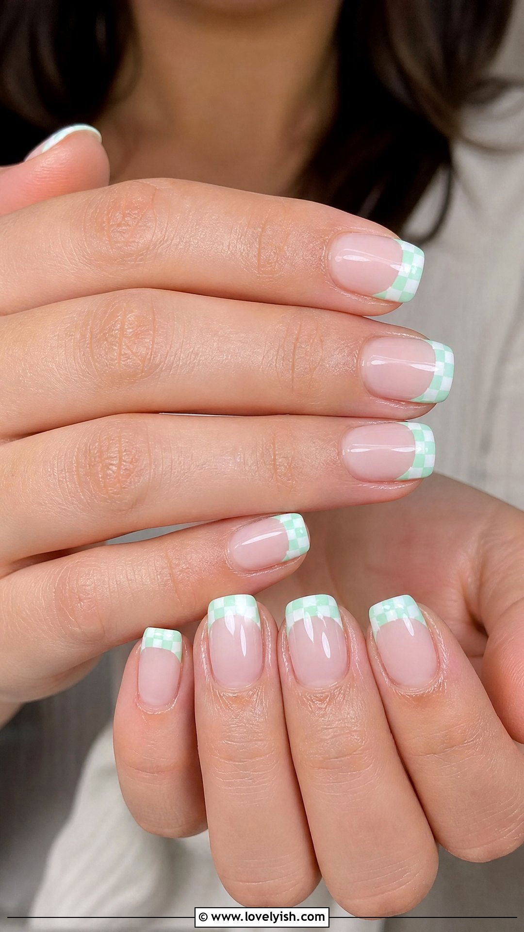 Mint Green Checkered French Tip Nails - 25 checkered nail designs - 25 checkered nail designs