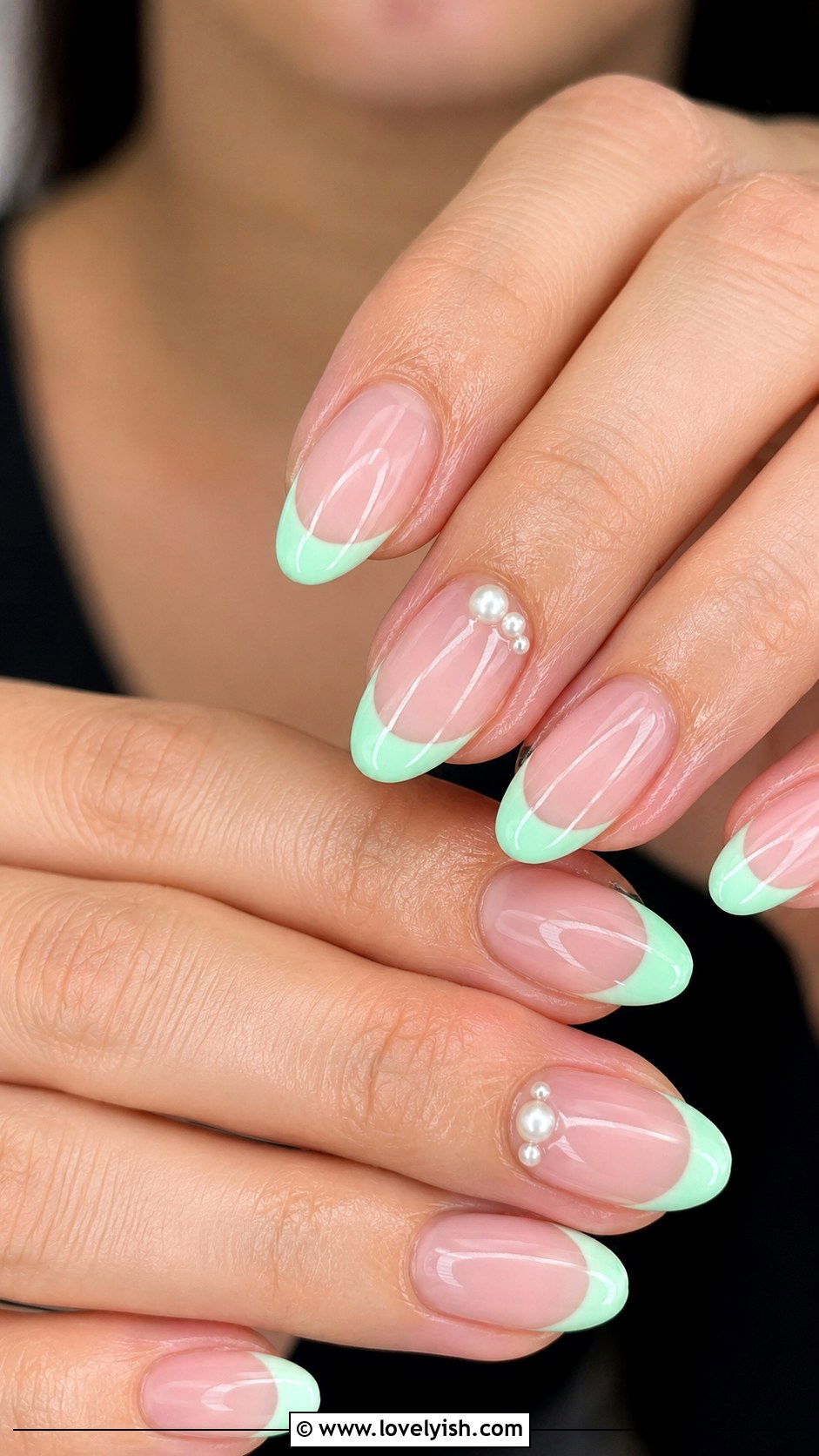 Mint Green French With Pearls - 50 may nails - 50 may nails