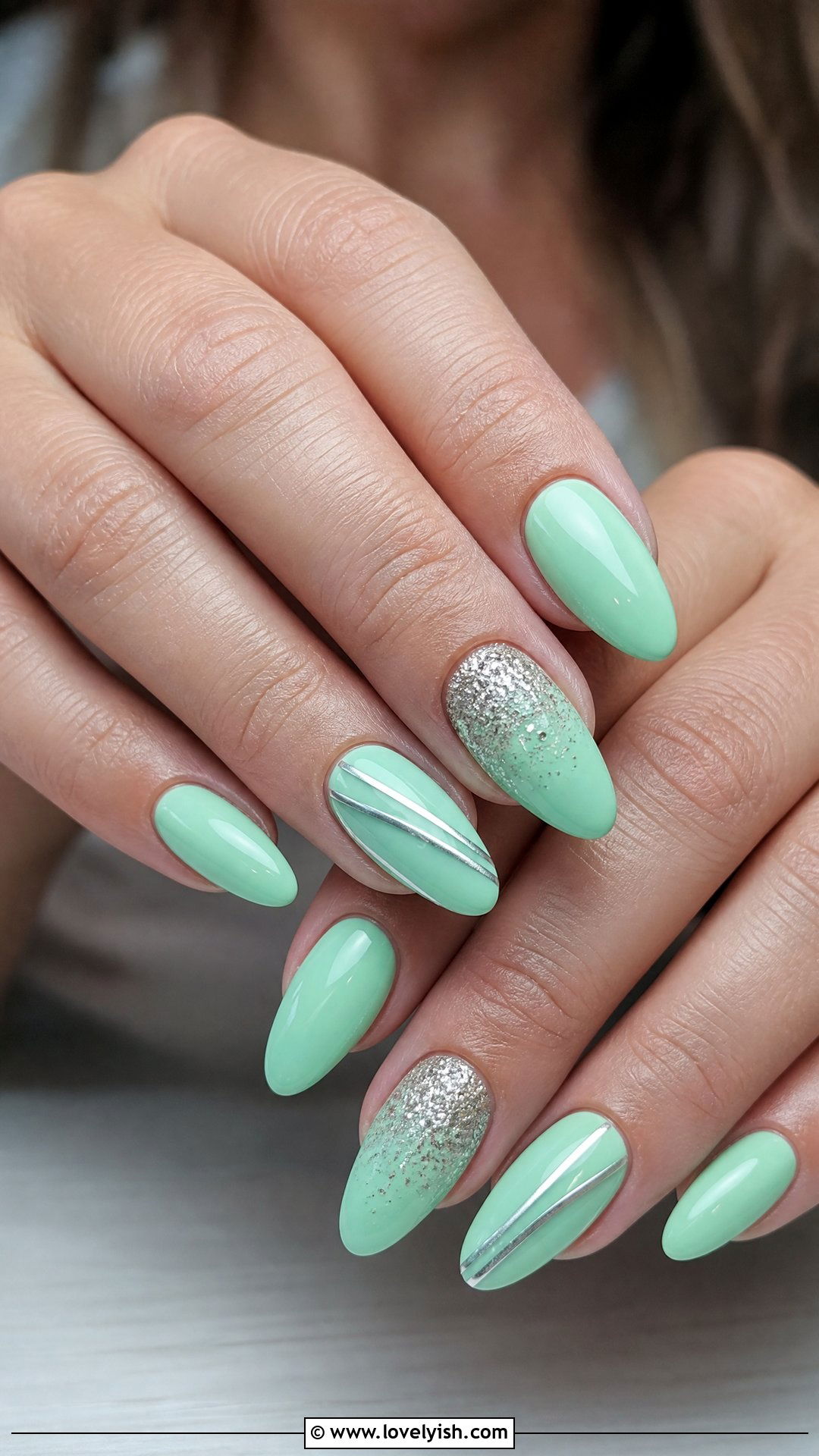Mint Green Silver Glitter Nails - 50 cute spring nail designs - 50 cute spring nail designs