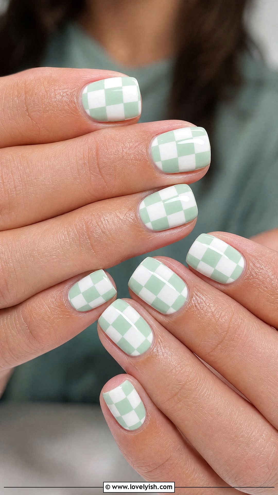 Mint Green and White Checkered Nails - 50 checkered nails - 50 checkered nails