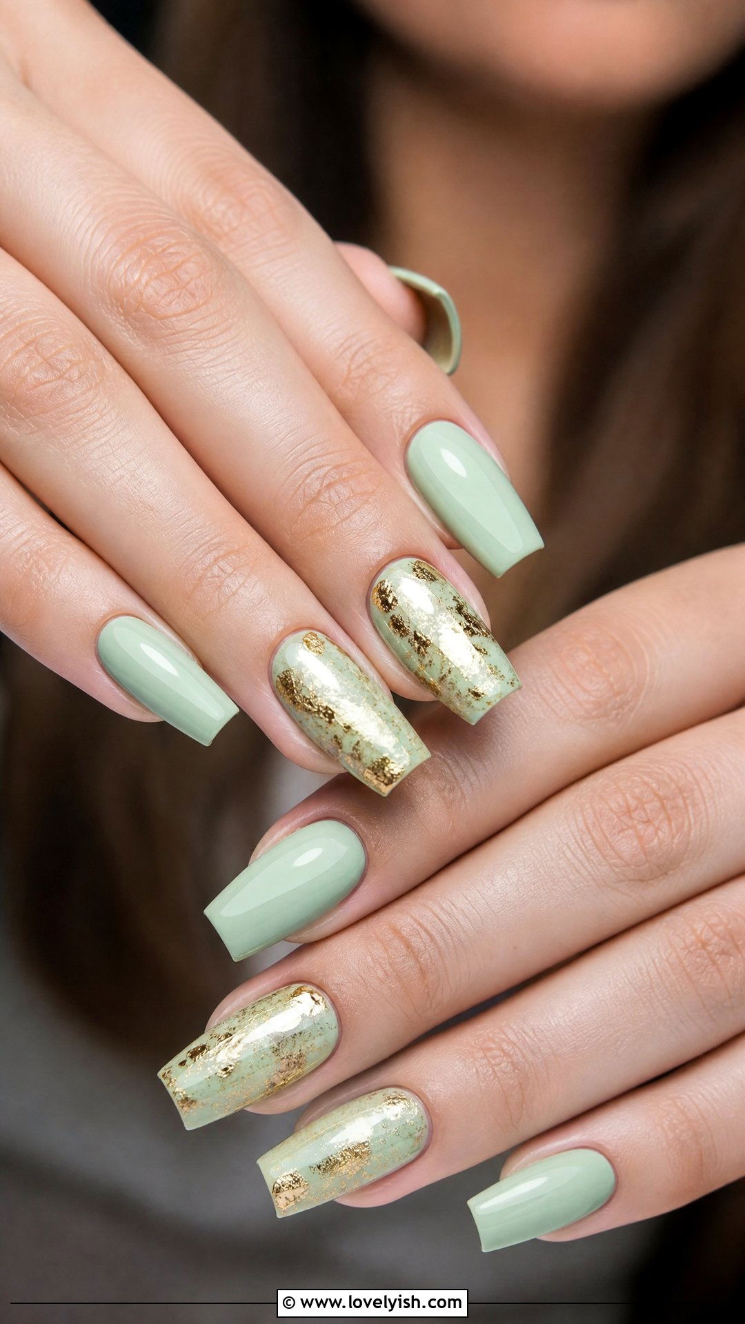 Mint Green with Gold Foil Nails - 50 cute spring nail designs - 50 cute spring nail designs