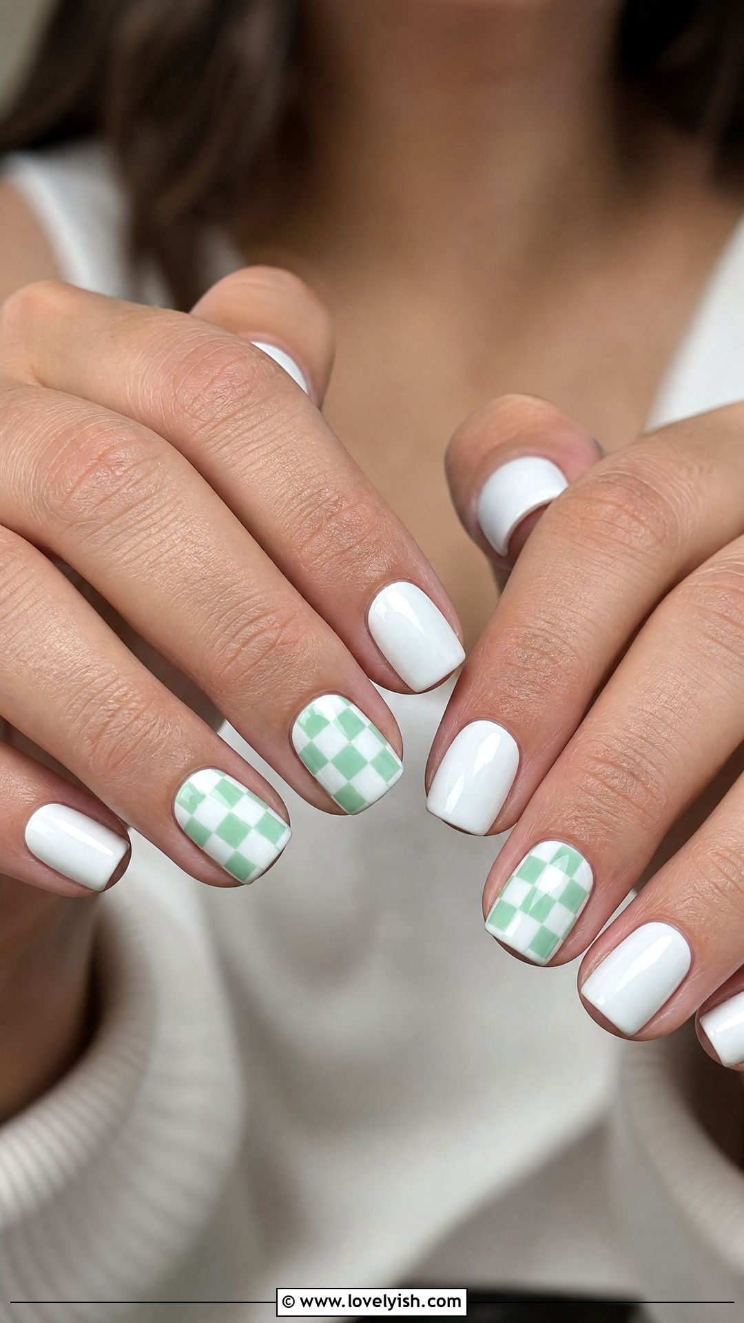 Mint and White Checkerboard Nails - 50 easy spring nail designs - 50 easy spring nail designs