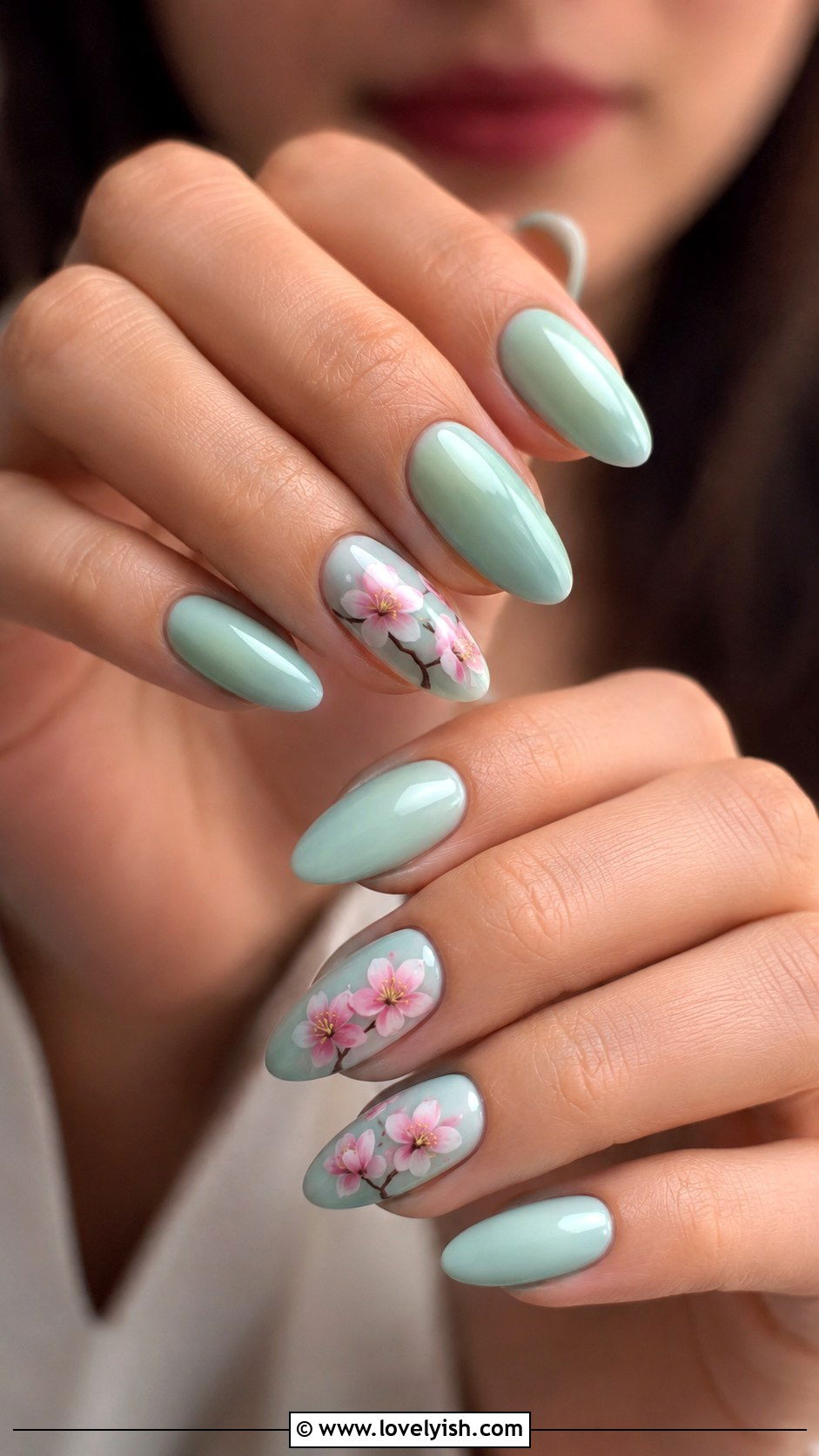 Mint with Cherry Blossom Nails - 50 modern mint nail art ideas - 50 modern mint nail art ideas
