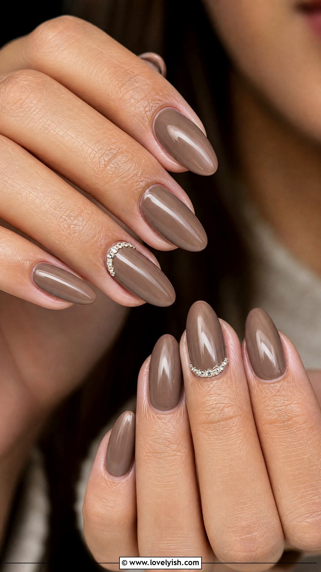Mocha Brown Nails With Diamond Crescent - 30 nail designs with diamonds - 30 nail designs with diamonds