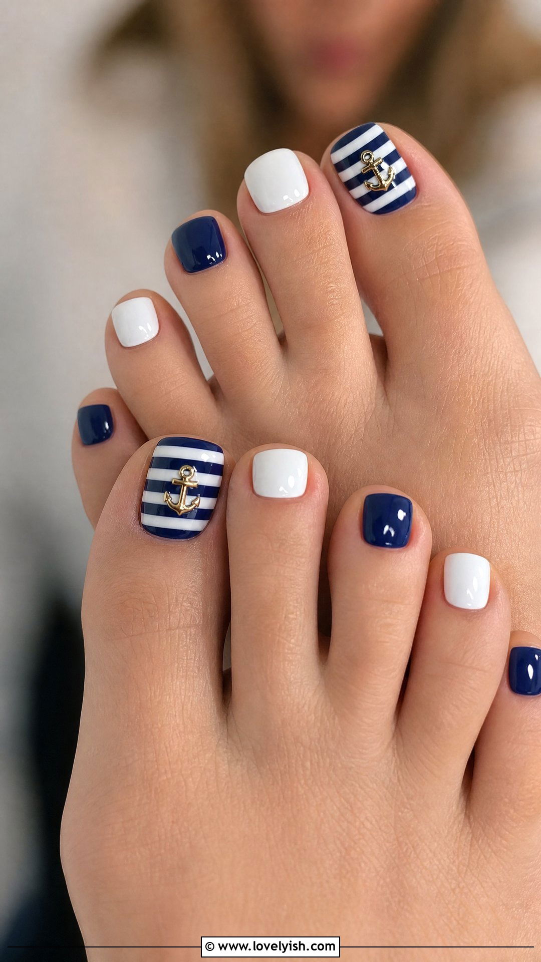 Nautical Blue and White Toe Nails - 50 summer toe nails - 50 summer toe nails