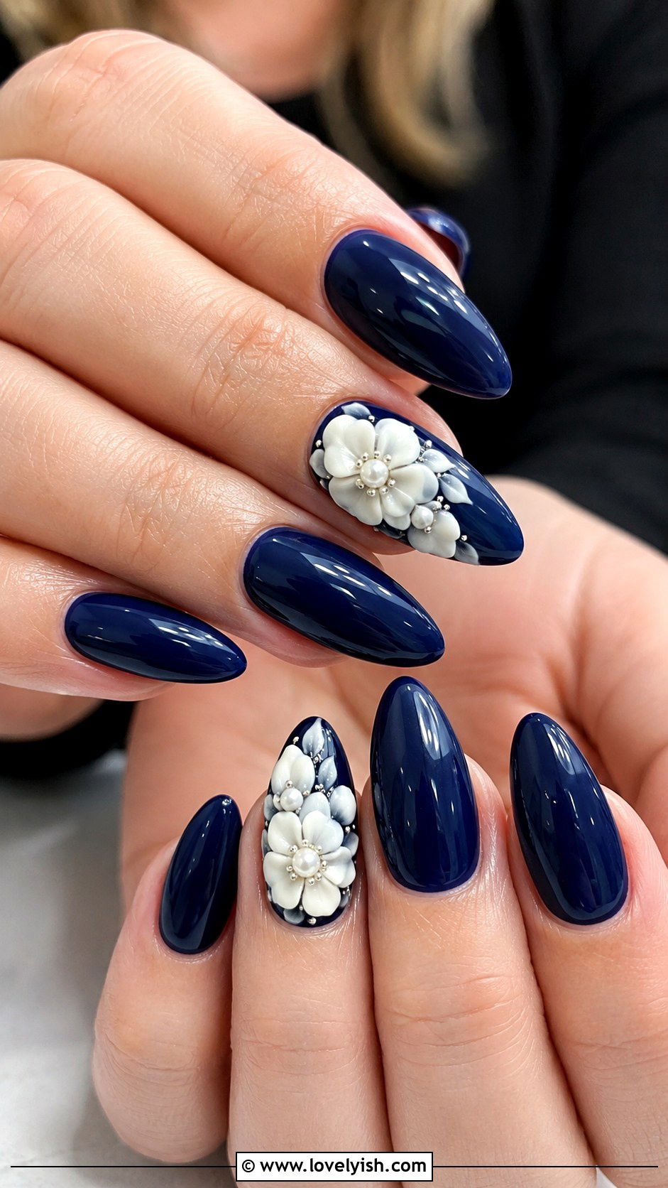 Navy Blue 3D Flower Nails - 50 navy blue nail designs - 50 navy blue nail designs