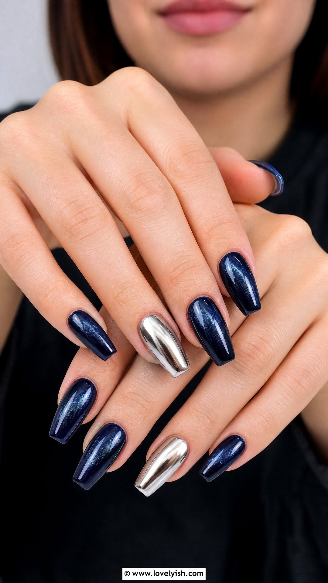 Navy Blue Cat Eye With Chrome Accent - 25 cat eye nails design ideas - 25 cat eye nails design ideas