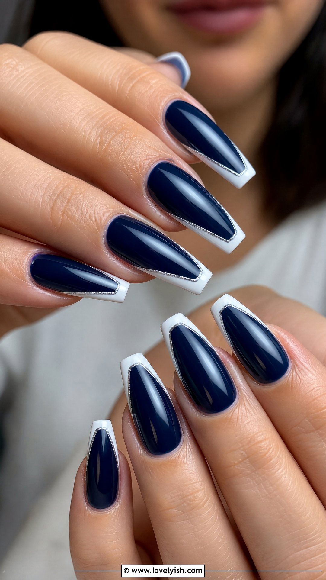 Navy Blue Coffin Nails with White Tips - 50 dark blue nail designs - 50 dark blue nail designs