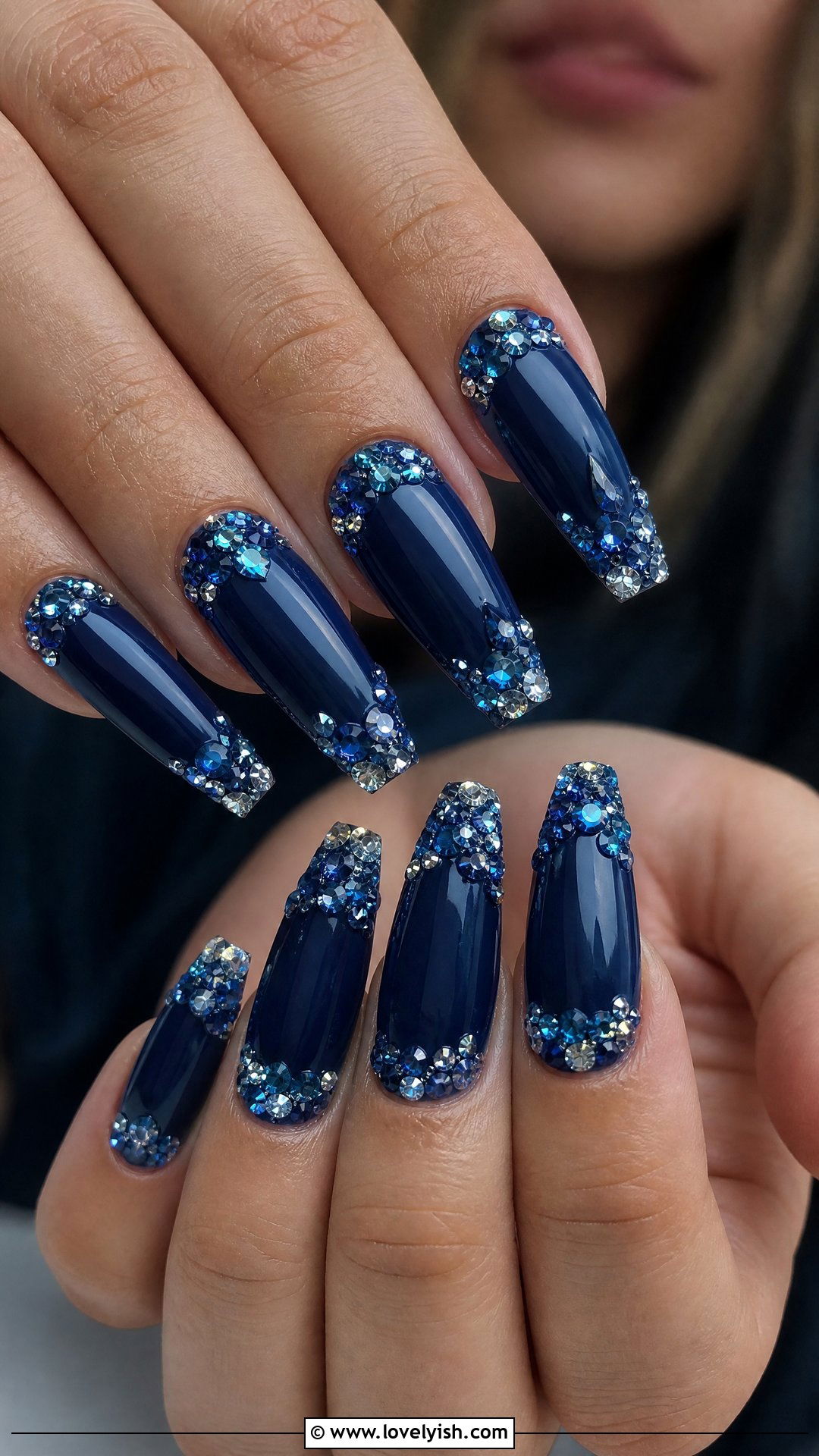 Navy Blue Crystal Cluster Nails - 50 dark blue nail designs - 50 dark blue nail designs