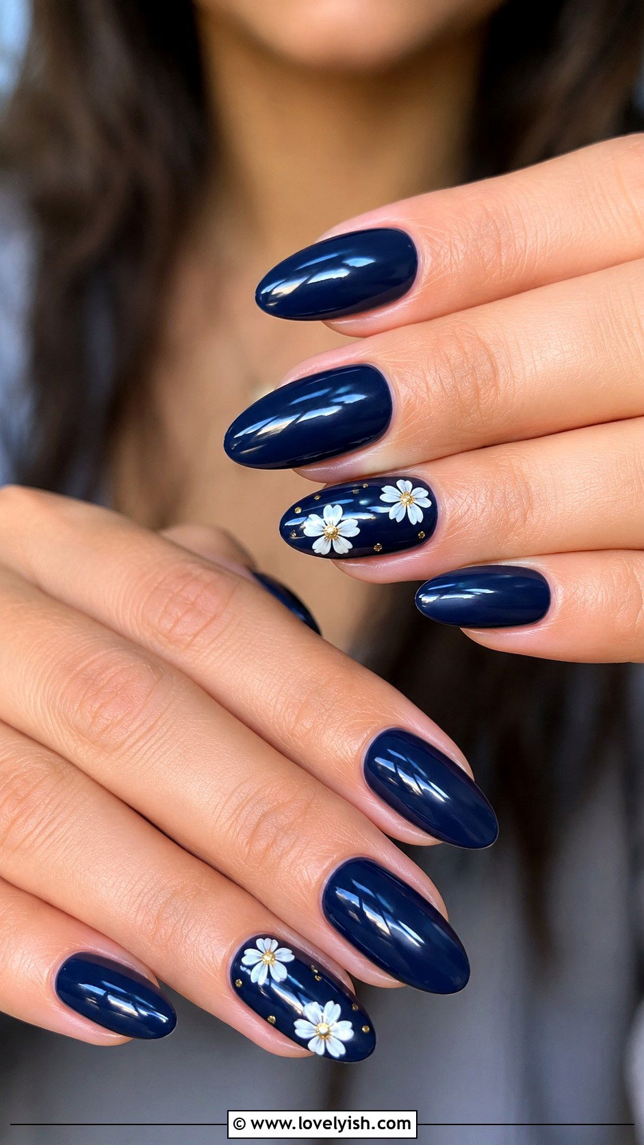 Navy Blue Floral Accent Nails - 50 navy blue nail designs - 50 navy blue nail designs