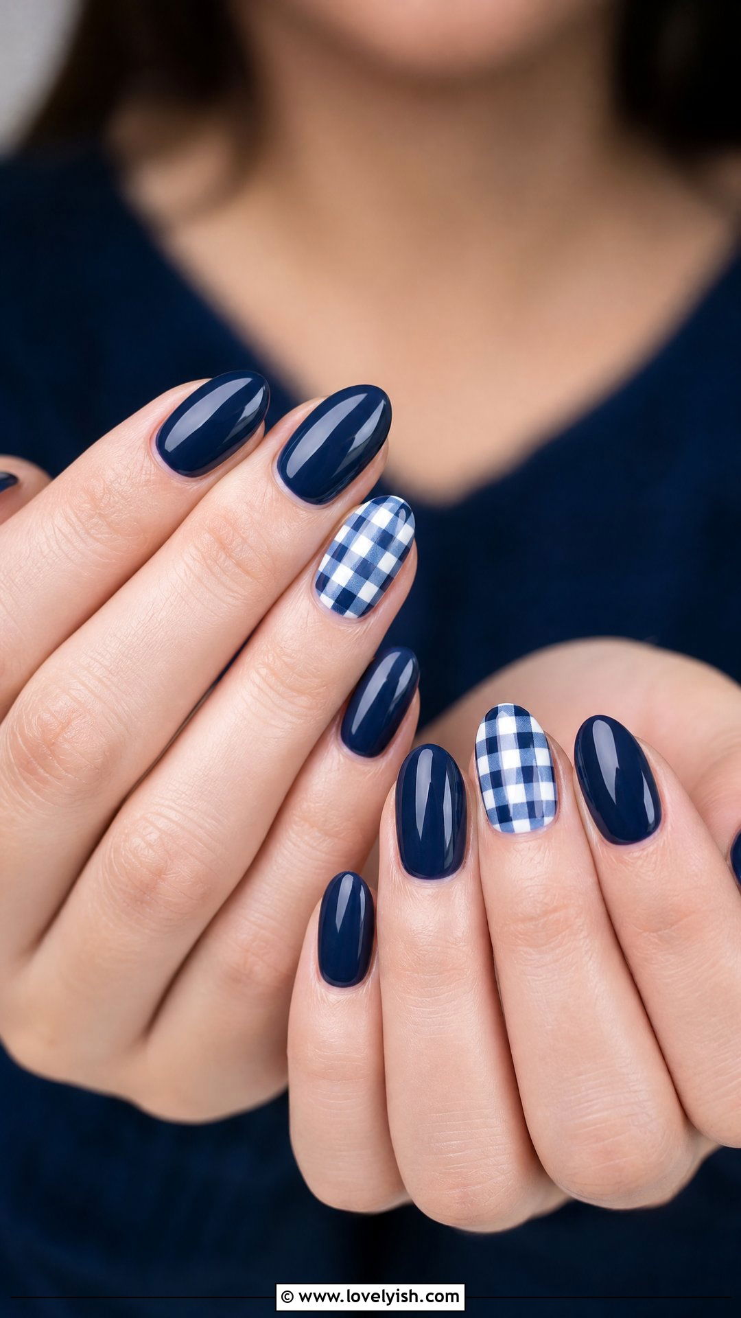 Navy Blue Gingham Nails - 50 dark blue nail designs - 50 dark blue nail designs