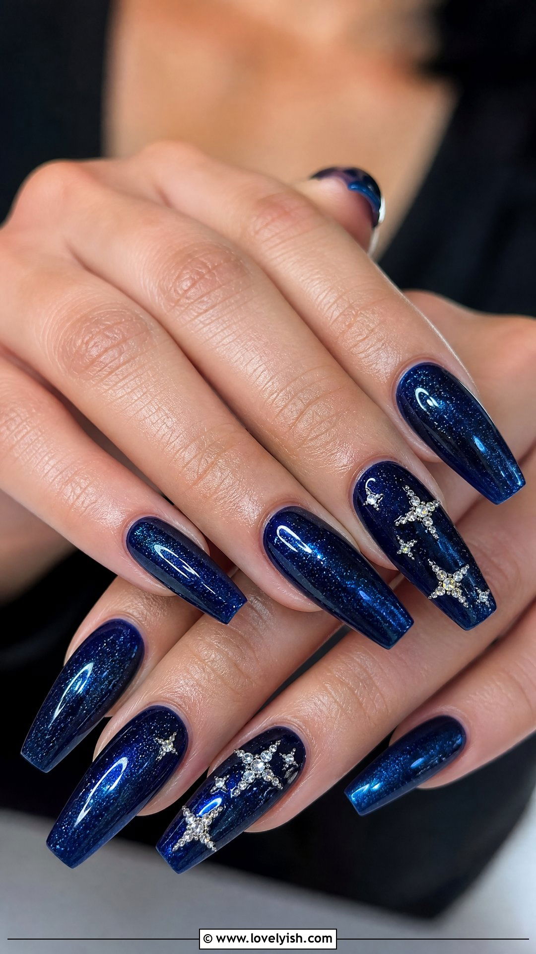 Navy Blue Nails With Diamond Stars - 30 nail designs with diamonds - 30 nail designs with diamonds