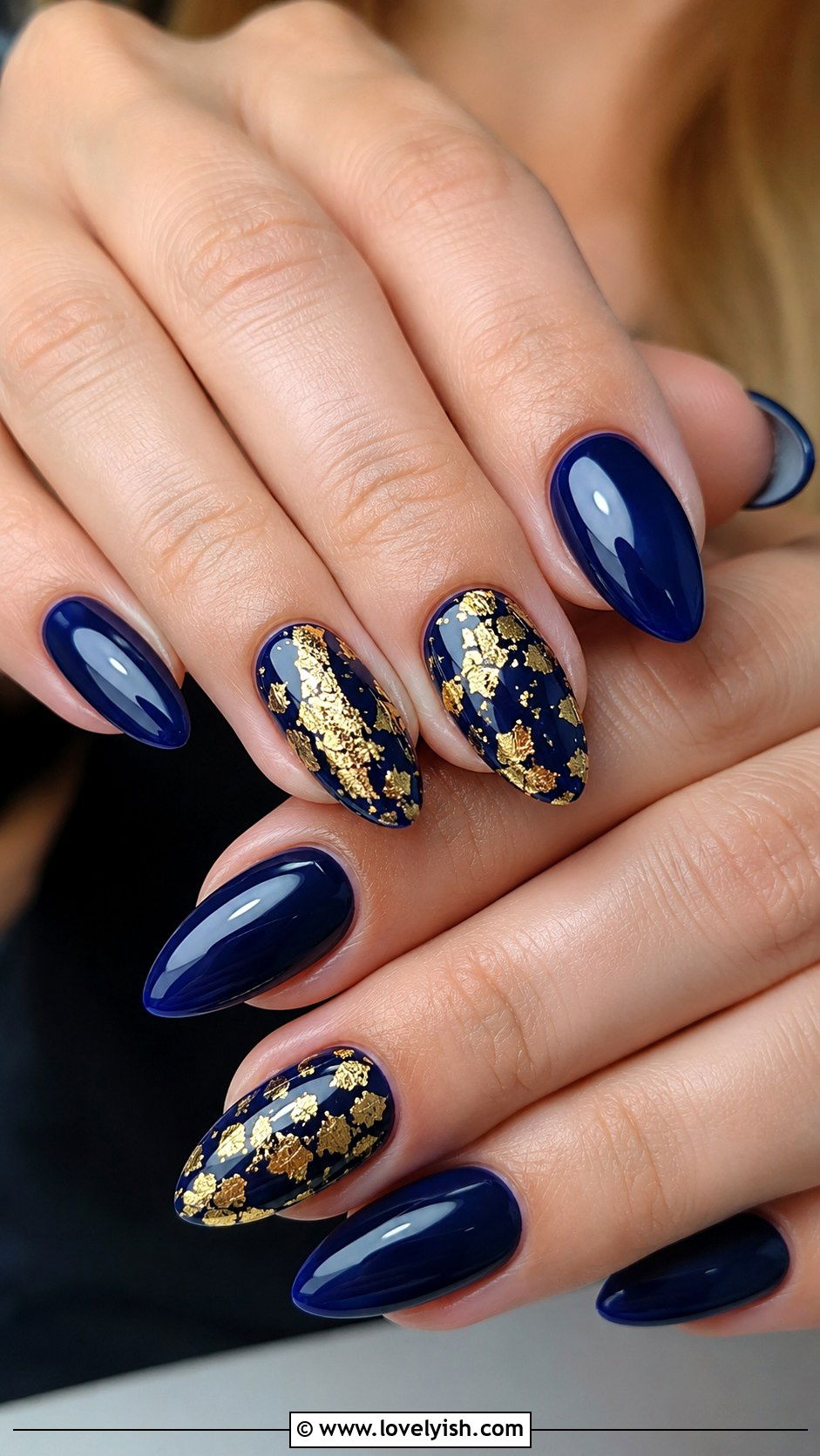 Navy Blue With Gold Leaf Nails - 50 luxury nails - 50 luxury nails