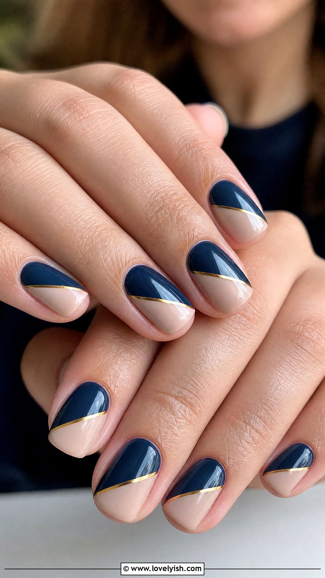 Navy Blue and Nude Color Block Nails - 50 dark blue nail designs - 50 dark blue nail designs