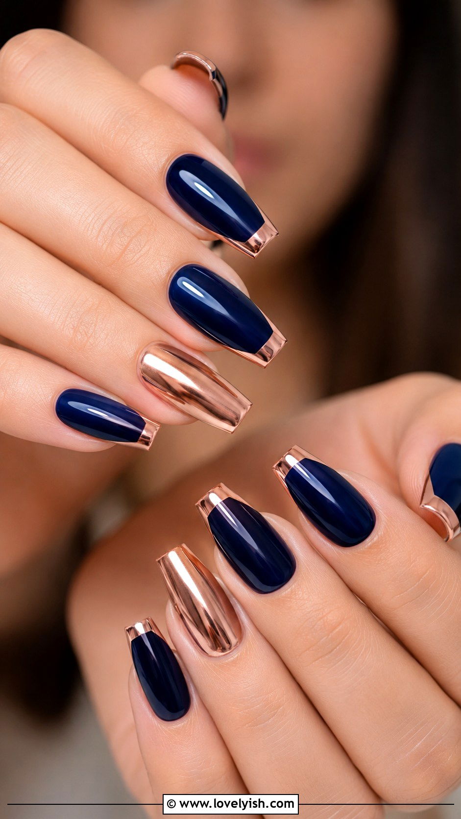 Navy Blue and Rose Gold Nails - 50 navy blue nail designs - 50 navy blue nail designs