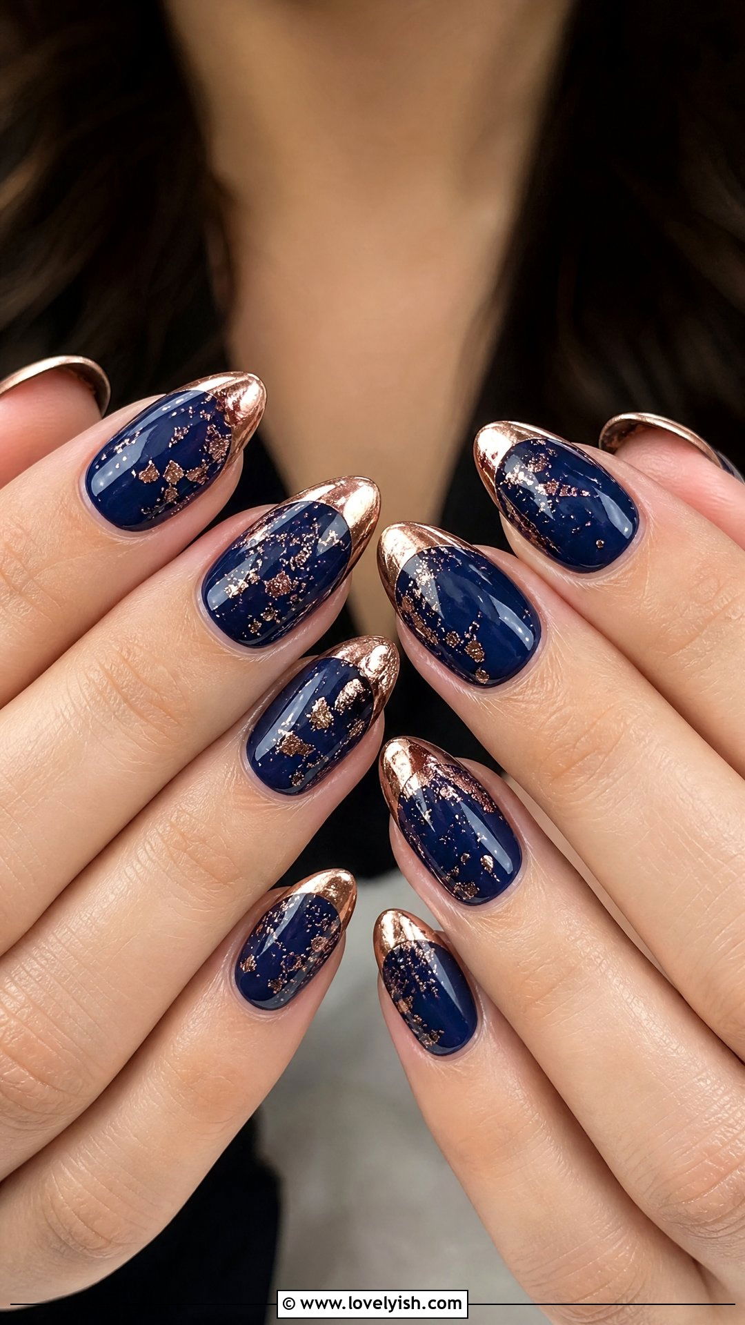 Navy Blue and Rose Gold Nails - 50 dark blue nail designs - 50 dark blue nail designs