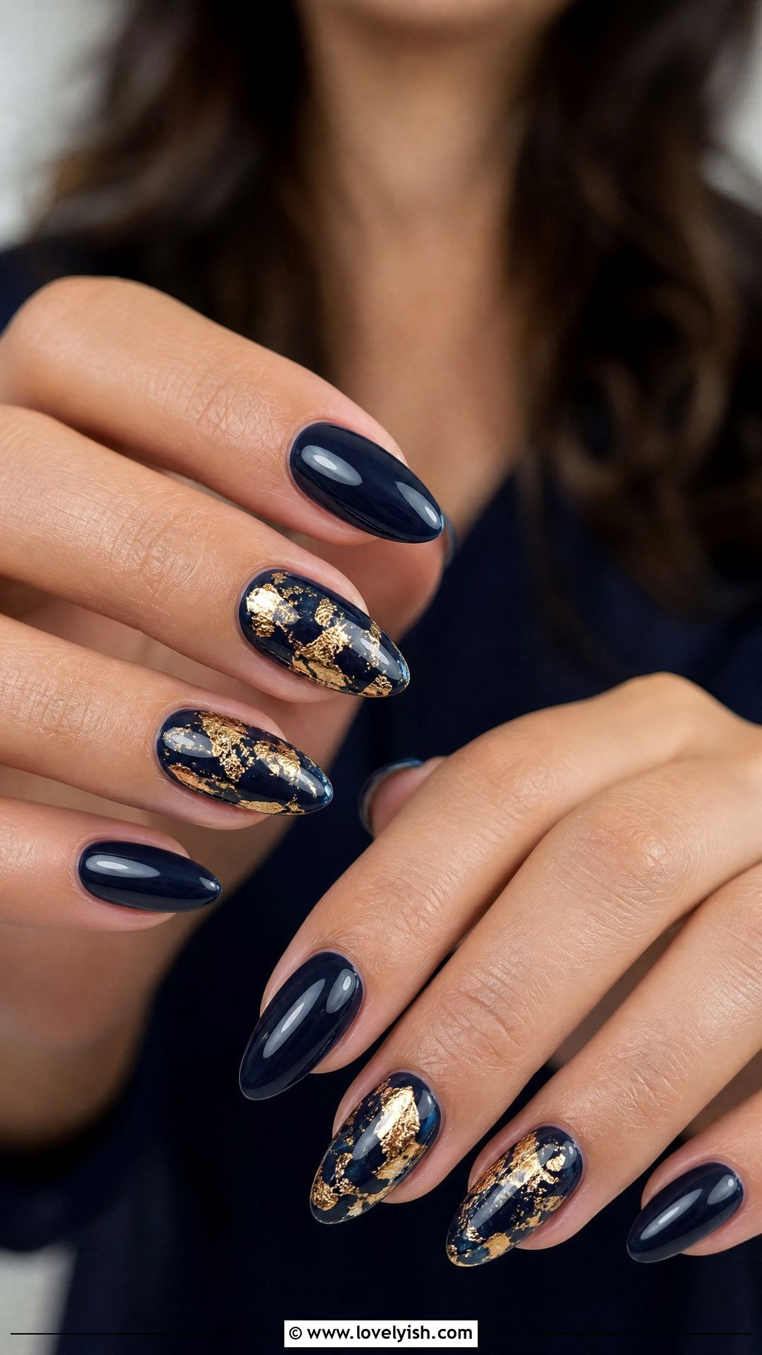 Navy and Gold Foil Nails - 25 blue nail design ideas - 25 blue nail design ideas
