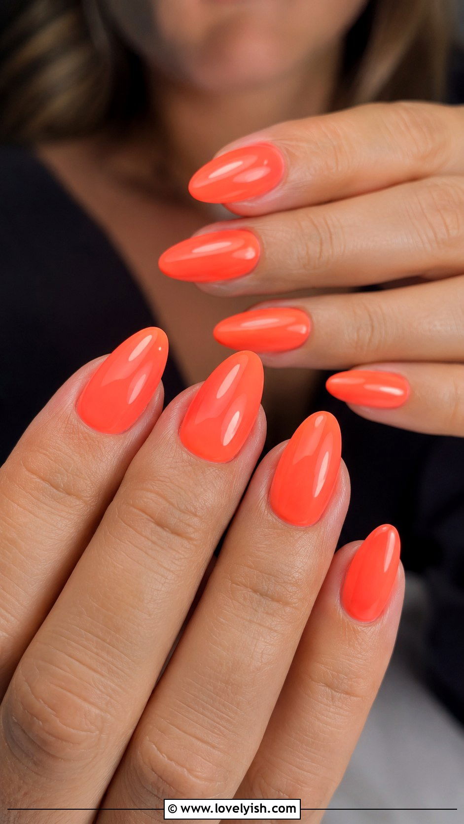 Neon Coral Almond Nails - 43 summer nail designs - 43 summer nail designs