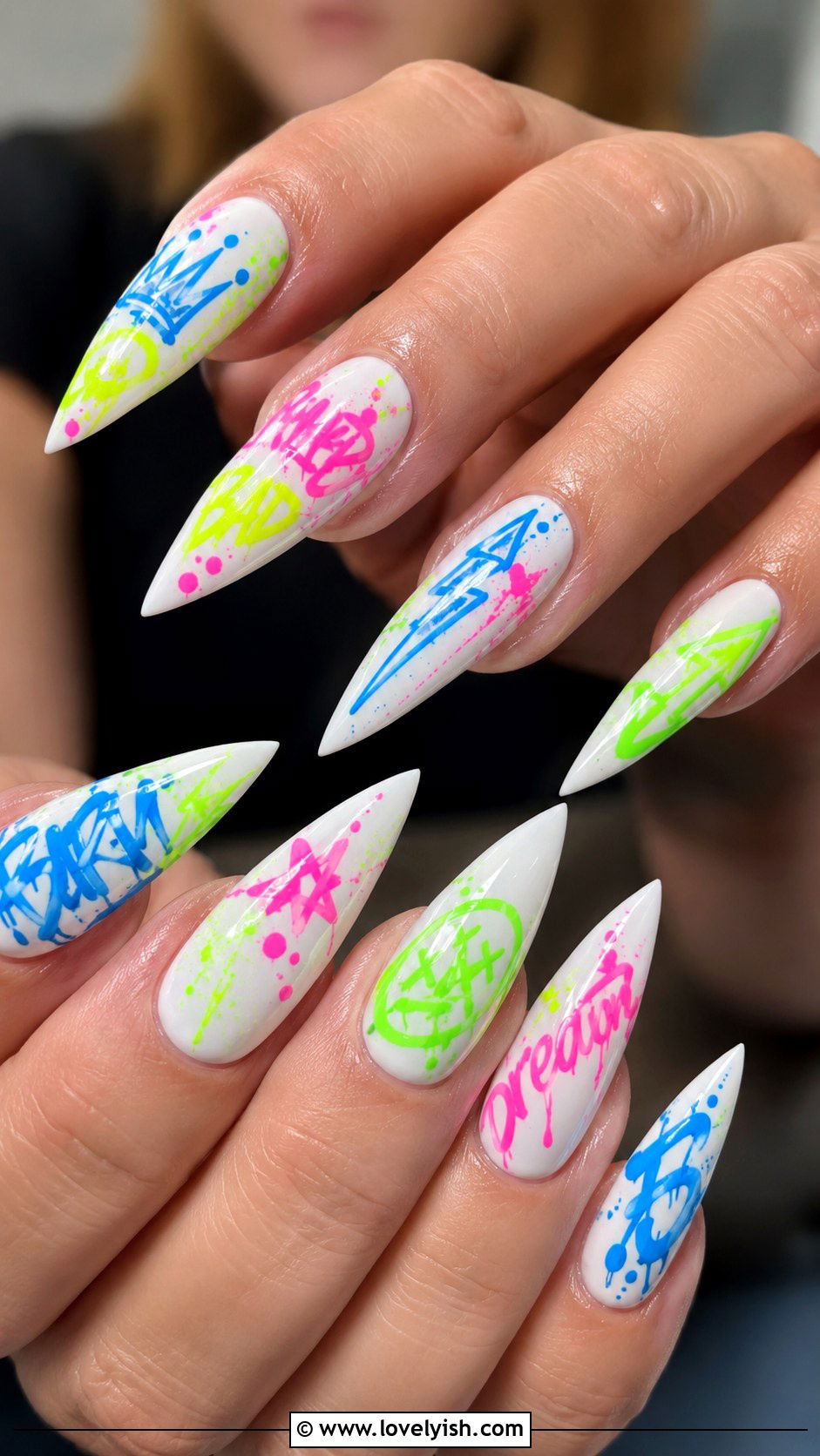 Neon Graffiti Nails on White Base - 50 tumblr nail designs - 50 tumblr nail designs