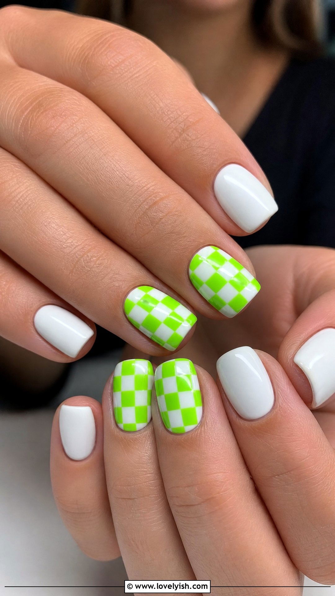 Neon Green Checkered Accent Nails - 50 checkered nails - 50 checkered nails