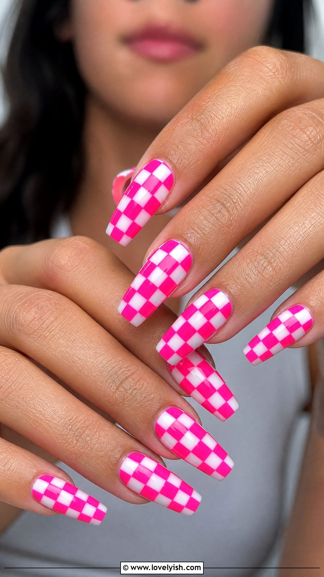 Neon Pink Checkered Nails - 25 checkered nail designs - 25 checkered nail designs