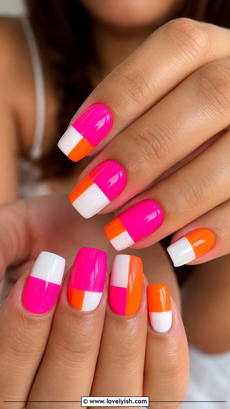 Neon Pink Color Block Nails - 37 nails art ideas - 37 nails art ideas