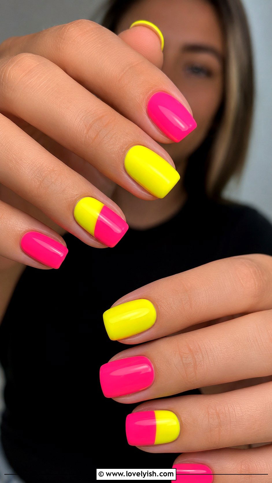 Neon Pink and Yellow Color Block Nails - 40 nail design summer - 40 nail design summer