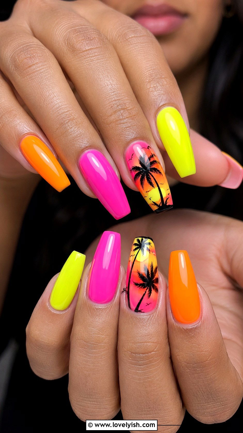 Neon Sunset Nails With Palm Silhouettes - 50 vacation nails - 50 vacation nails