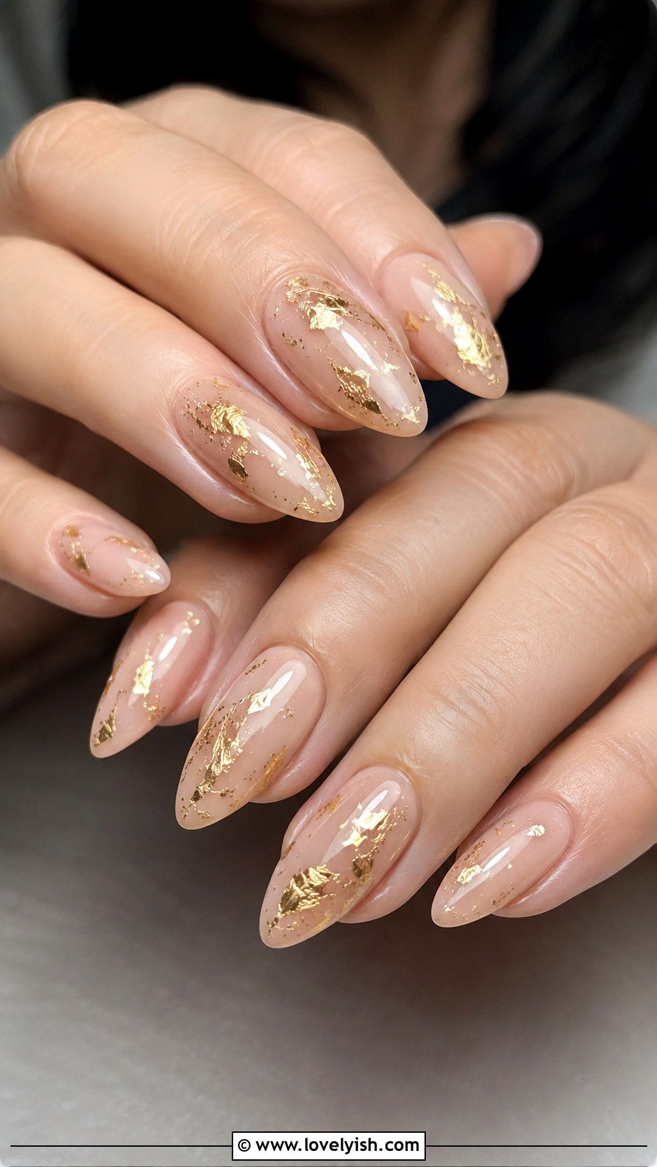 Nude Almond Acrylic Nails With Gold Foil - 33 acrylic nail ideas - 33 acrylic nail ideas