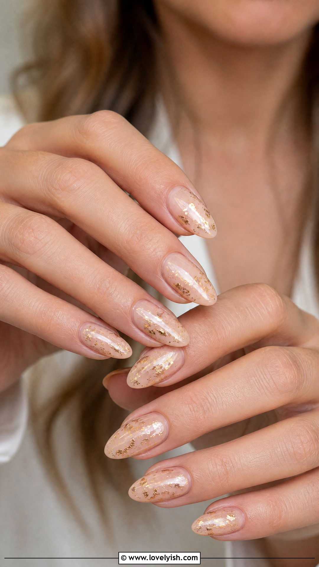 Nude Almond Bridal Nails with Gold Foil - 50 bridal nails - 50 bridal nails