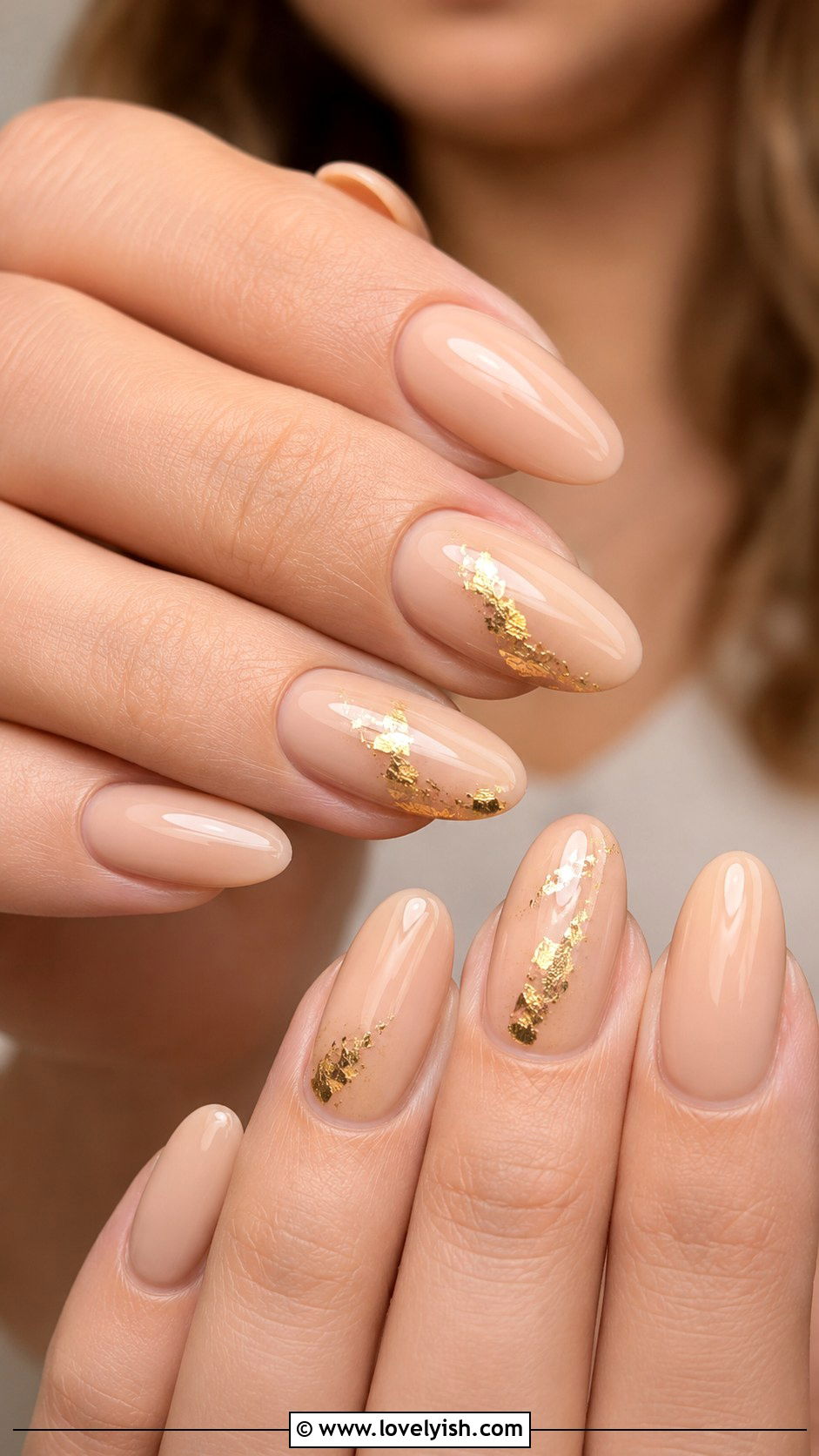 Nude Almond Nails With Gold Foil - 50 neutral nails - 50 neutral nails