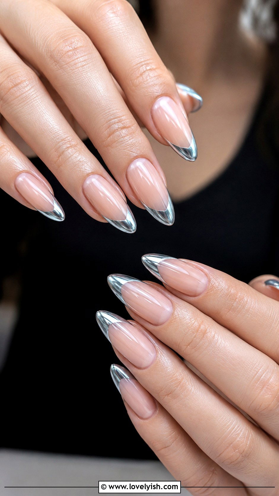 Nude Almond Nails With Silver Chrome Tips - 50 nude nails - 50 nude nails