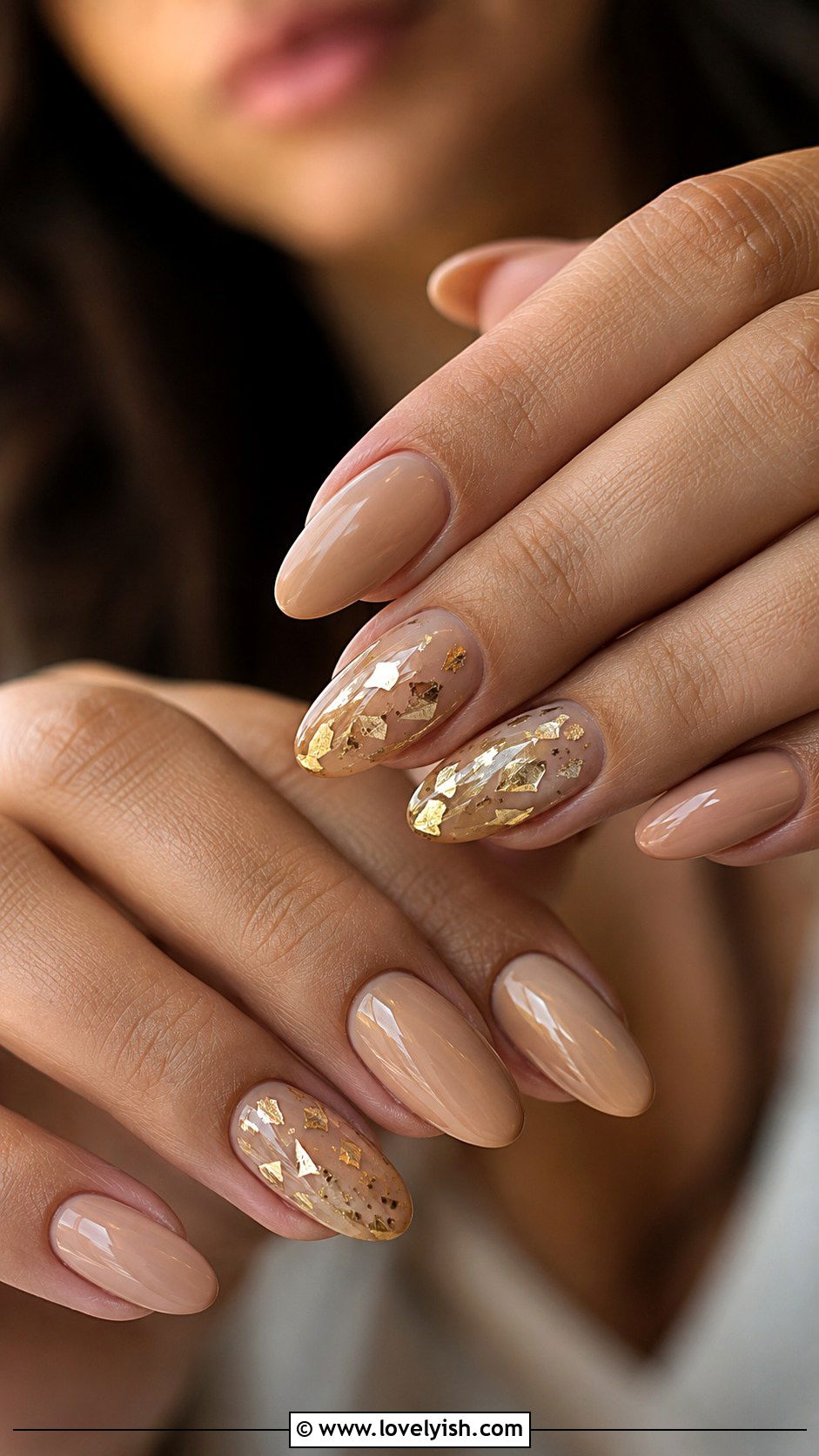 Nude Almond with Gold Foil Nails - 47 nail inspiration - 47 nail inspiration