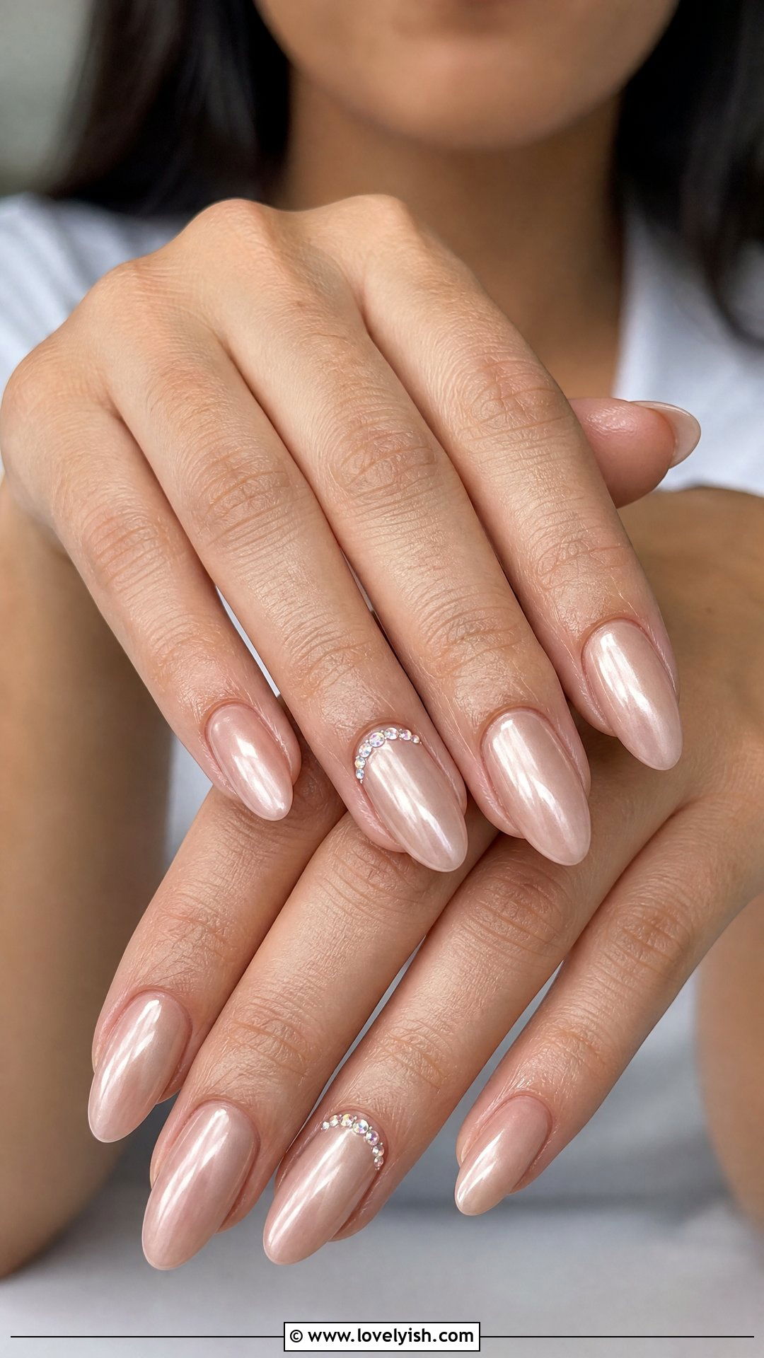 Nude Chrome with Rhinestone Accent Nails - 25 chrome nails design ideas - 25 chrome nails design ideas