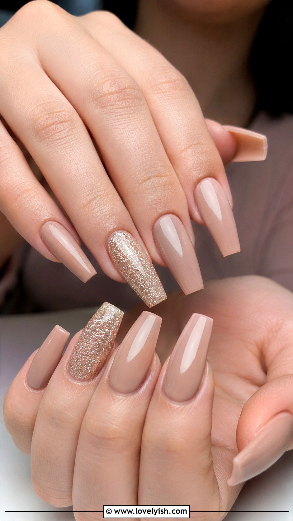 Nude Coffin Nails With Nude Glitter Accent - 50 neutral nails - 50 neutral nails