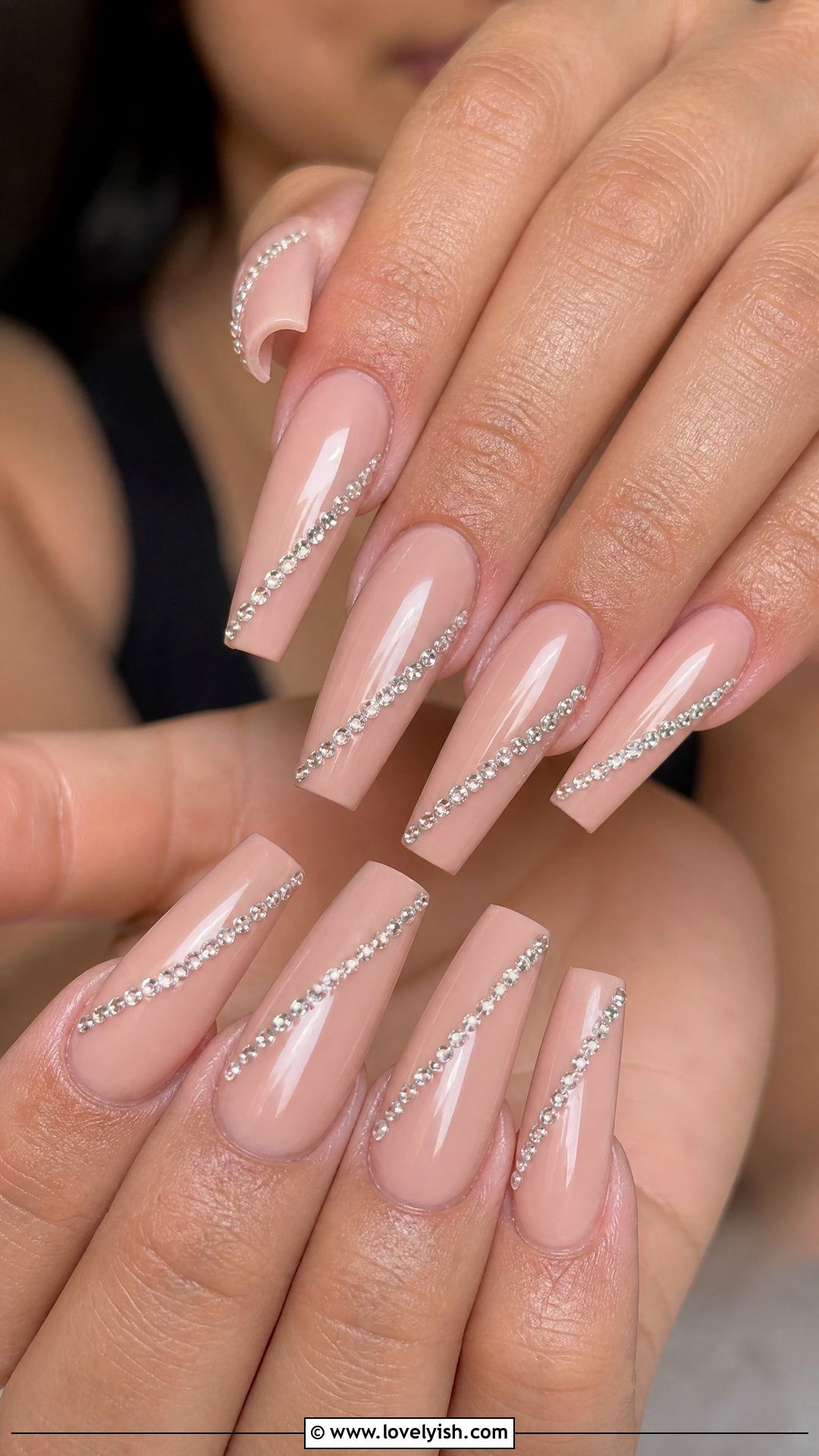 Nude Coffin Nails With Rhinestone Diagonal Stripe - 29 nail designs with rhinestones - 29 nail designs with rhinestones